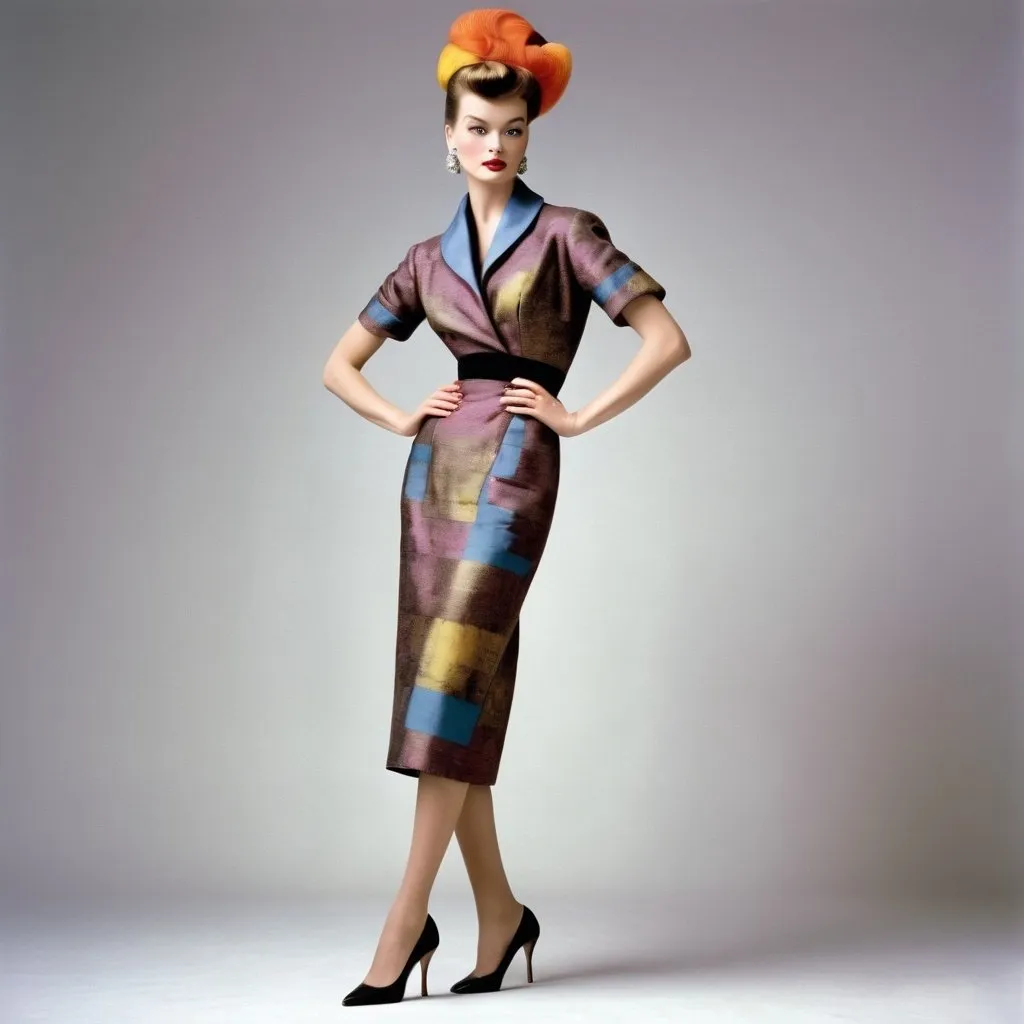 Prompt:  model in a 1950s haute couture outfit, retro hair style, elegant and sophisticated, full body pose, high heels, luxurious fabric with rich textures, colorful, high-end fashion photography, Richard Avedon