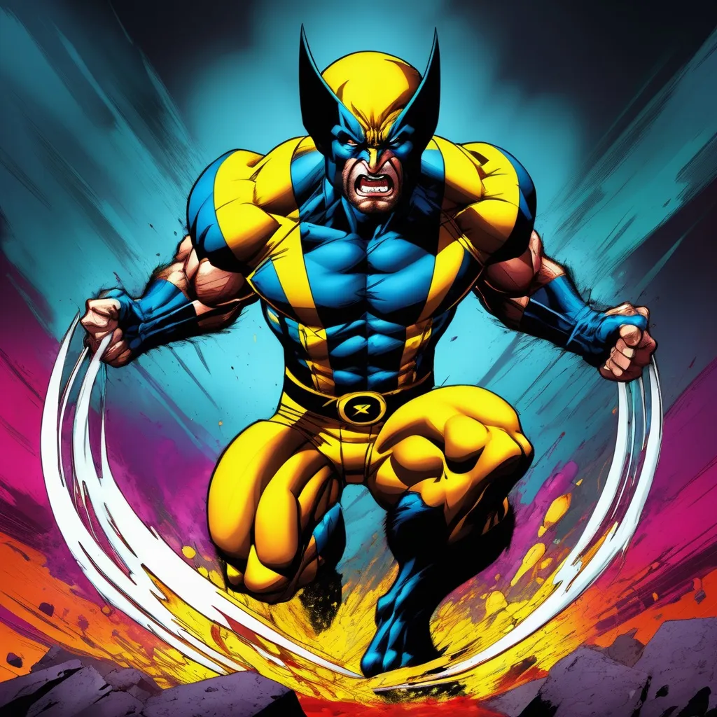 Prompt: Wolverine from X-men cartoon, intense color palette, digital painting, high quality, intense colors, dramatic lighting, X-men, kinetic energy, digital art, dynamic pose