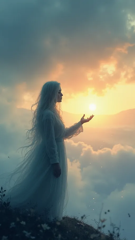 Prompt: A wistful figure shrouded in soft, diffuse light stands beneath a vast, cloudy sky at dusk, their eyes shimmering with unspoken yearning. Tendrils of mist curl around their silhouette, blending seamlessly into the dusky horizon where distant mountains fade into an orange-pink glow. Gentle raindrops drift through the air, catching the fading sunlight and adding a shimmering, melancholic atmosphere. The person's outstretched hand reaches toward a faint, glowing orb hovering just beyond grasp, symbolizing elusive desire. Artistic style: dreamy watercolor illustration with ethereal lighting and a contemplative mood, capturing the delicate essence of longing and hope.