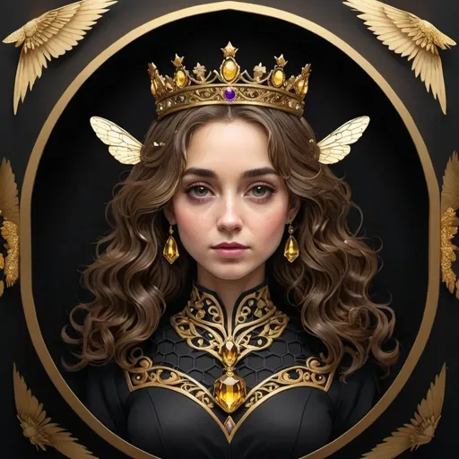 Prompt: Queen bee, realistic digital illustration, regal and commanding stance, intricate gold and black stripes, detailed wings with shimmering iridescence, elegant and ornate crown, luxurious honeycomb background, high quality, realistic, detailed, digital illustration, regal, commanding, intricate, elegant, iridescent, luxurious, honeycomb, gold and black, detailed wings, ornate crown, shimmering, regal stance, majestic, professional, dramatic lighting