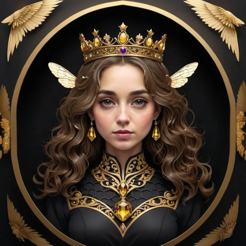 Prompt: Queen bee, realistic digital illustration, regal and commanding stance, intricate gold and black stripes, detailed wings with shimmering iridescence, elegant and ornate crown, luxurious honeycomb background, high quality, realistic, detailed, digital illustration, regal, commanding, intricate, elegant, iridescent, luxurious, honeycomb, gold and black, detailed wings, ornate crown, shimmering, regal stance, majestic, professional, dramatic lighting