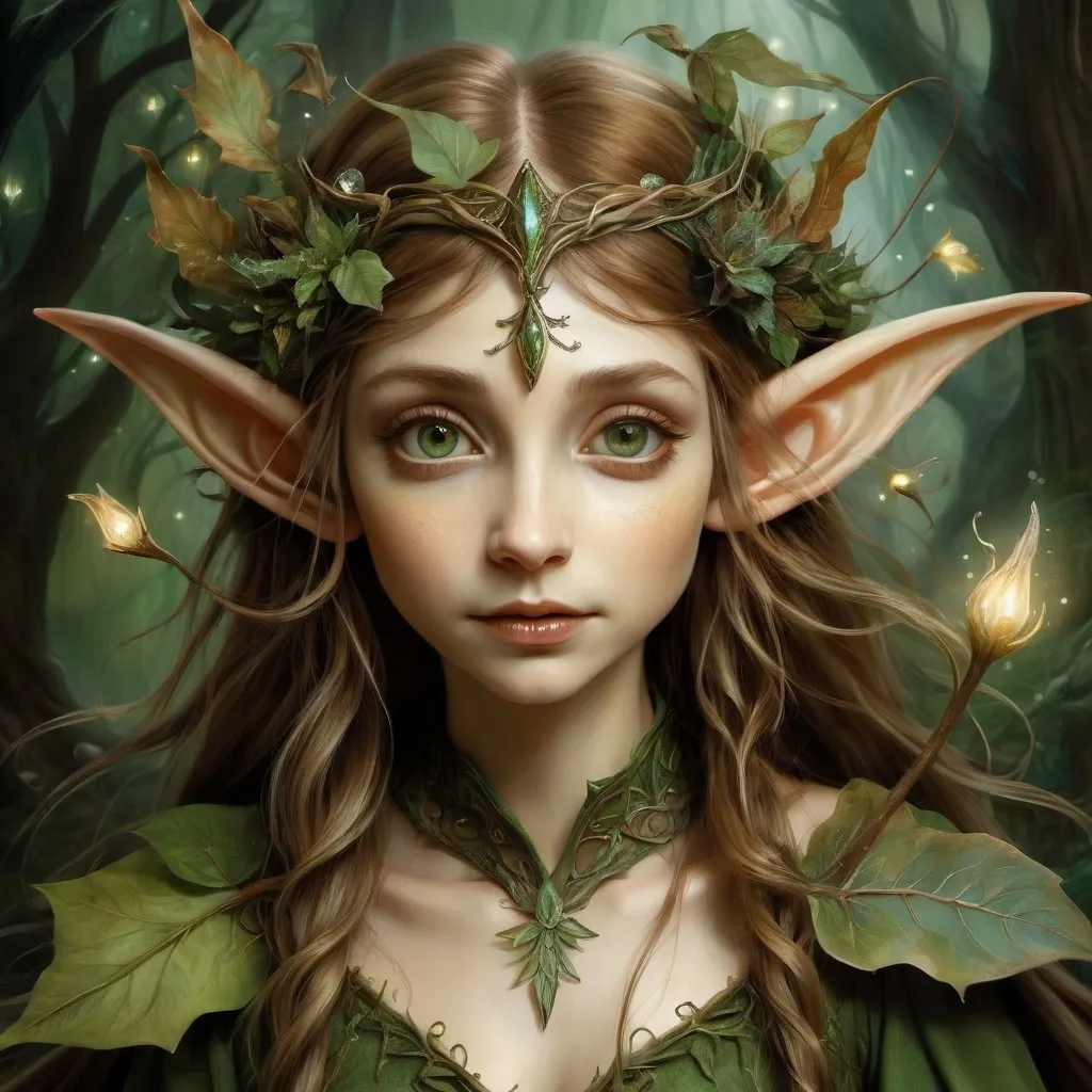 Prompt: (Elf), inspired by (Brian Froud) style, intricate details, whimsical features, earthy tones, rich greens, muted browns, ethereal quality, enchanted forest background, shimmering lights, magical ambiance, magical creatures, highly imaginative composition, intricate costumes, bringing fantasy alive, captivating expressions, ultra-detailed, HD.