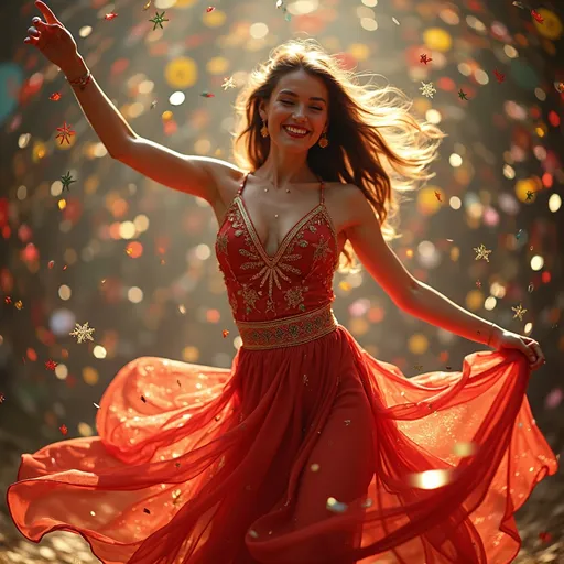 Prompt: Festively dressed woman dancing, (vibrant colors), joyous expression, flowing dress adorned with festive patterns, twirling motion, (celebratory atmosphere), radiant lighting, glittering confetti falling around, (high quality, ultra-detailed), joyful energy radiating, festive background filled with colorful decorations, dynamic pose capturing the spirit of celebration.