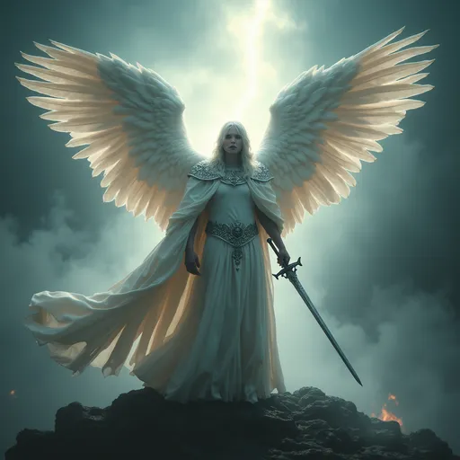 Prompt: Avenging angel, majestic wings spread wide, cloaked in ethereal white and silver tones, surrounded by an aura of vengeance. Ethereal glowing light breaking through dark stormy skies in the background, creating a captivating contrast. Powerful expression, poised stance, holding a shimmering sword, with determination radiating from the figure. 4K ultra-detailed, cinematic atmosphere invoking awe and intensity.