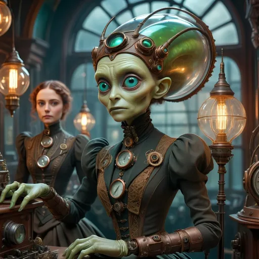 Prompt: (Victorian alien encounter), (steampunk aesthetics), intricate details, richly dressed characters in 19th-century attire, ethereal alien presence, glowing elements, juxtaposition of old and futuristic, lush details, high definition, captivating scene of mystery and intrigue.