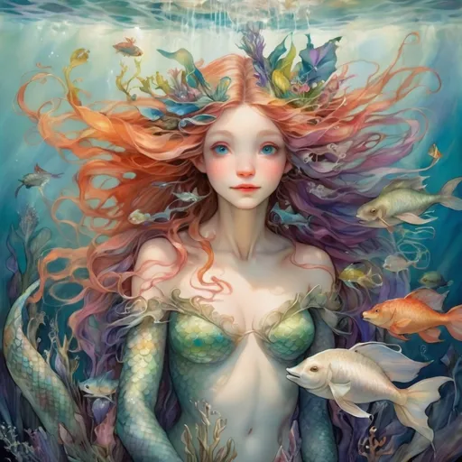 Prompt: Mermaids (fantastical creatures), inspired by Brian Froud’s whimsical style, vibrant colors, ethereal atmosphere, lush underwater scenery, detailed scales and flowing hair, intricate ocean flora and fauna