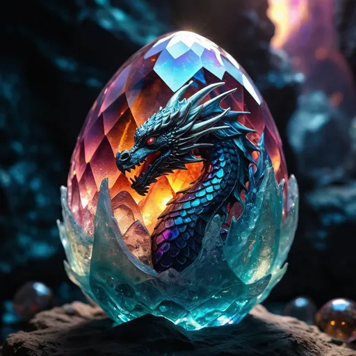 Prompt: (Crystal dragon egg), majestic, glowing with an ethereal light, intricate details, translucent scales with multifaceted reflections, majestic aura, mystical ambiance, vibrant colors, fantasy elements, luminescent highlights, shimmering gems around, enchanted cave setting, otherworldly glow, shadows creating depth, high contrast, ultra-detailed, 4K, mesmerizing, dreamy atmosphere, photographic realism, high dynamic range, visually stunning masterpiece.