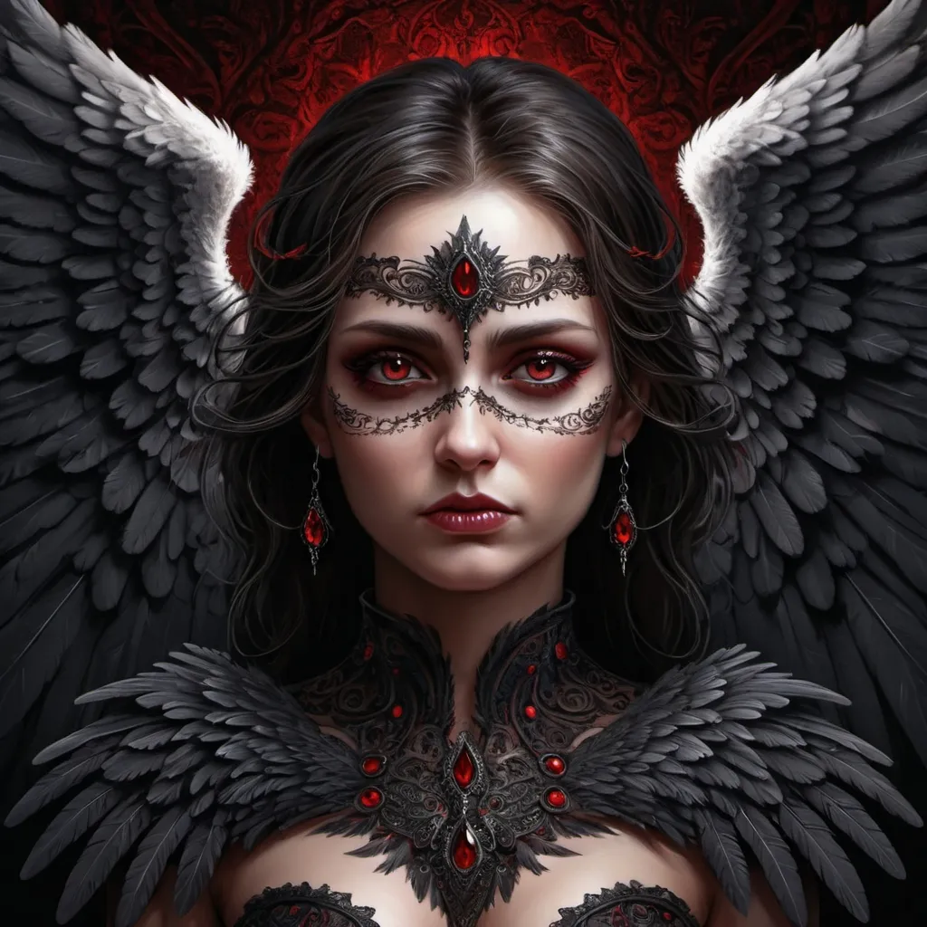 Prompt: Dark angel, digital painting, detailed wings with intricate patterns, intense and piercing gaze, high contrast, dramatic lighting, monochromatic tones with hints of red, gothic, high resolution, fantasy, detailed feathers, atmospheric lighting, haunting, professional, high quality, digital painting, detailed eyes, dramatic art style