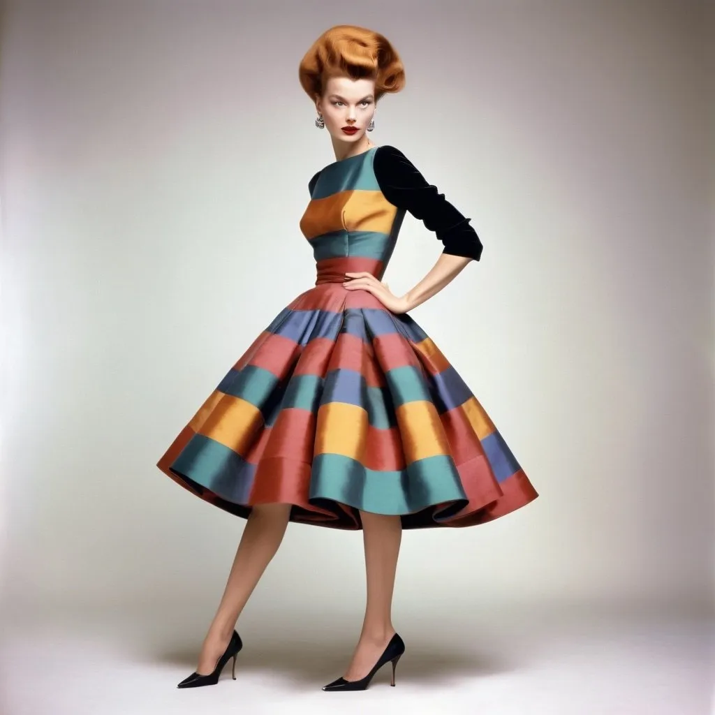 Prompt:  model in a 1950s haute couture outfit, retro hair style, elegant and sophisticated, full body pose, high heels, luxurious fabric with rich textures, colorful, high-end fashion photography, Richard Avedon