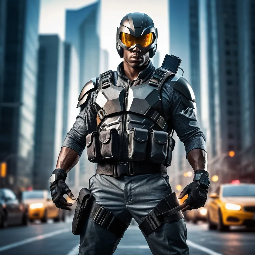 Prompt: (Hero for hire), dynamic action pose, modern cityscape background, cool tone, dramatic lighting, intense and determined expression, wearing a utility belt with gadgets, urban street level view, high-tech armor, ultra-detailed, intricate costume design, high contrast, photorealistic, HD