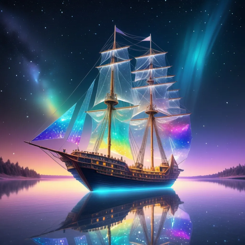 Prompt: The Crystal Ship, (ethereal and shimmering), adorned with glistening crystals, reflecting refracted light in a spectrum of colors, set against a starry night sky. Enveloped in a soft glow, (dreamlike ambiance), gently floating on serene waters, creating an enchanting atmosphere. Emphasizing high detail, 4K resolution, capturing the magic and wonder of this fantastical vessel sailing through a mystical realm.