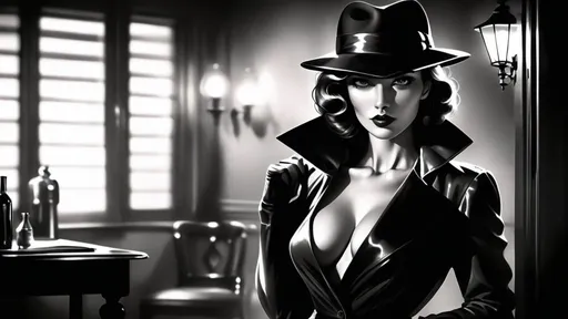 Prompt: Femme fatale meeting a detective, full body pose,
 Intense gaze, vintage noir style, high quality, intense, mysterious, classic beauty, glamorous, alluring, captivating eyes