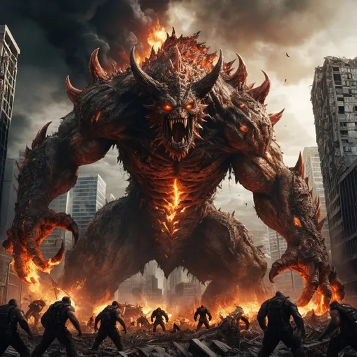 Prompt: Primordial monsters attacking a city, chaotic destruction, apocalyptic setting, monstrous creatures towering over buildings, massive scales and claws, fiery and destructive, epic battle, highres, ultra-detailed, apocalyptic, monstrous, chaotic, fiery, towering, destructive, epic battle, city destruction, dramatic lighting
