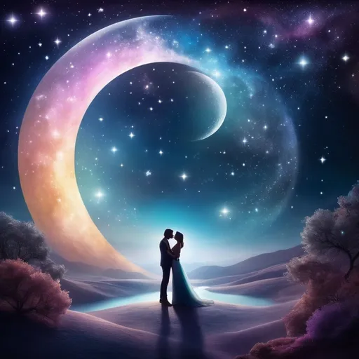 Prompt:  lovers meeting in a dream, cosmic, ethereal and dreamlike atmosphere, swirling moons and stars , surreal and whimsical, surrealism, high quality, dreamy, romantic, ethereal lighting 