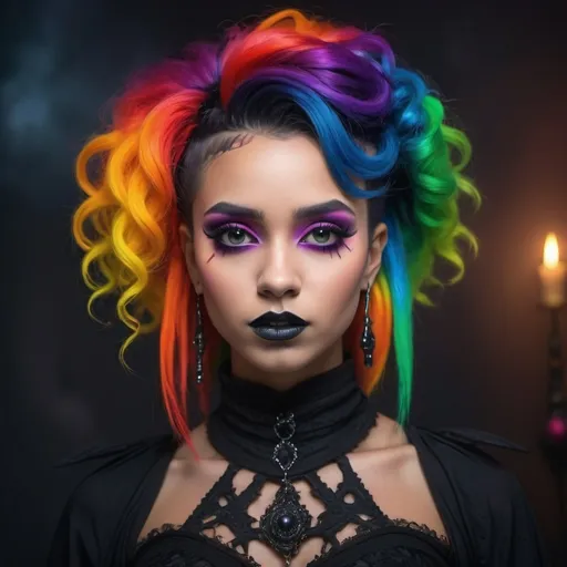 Prompt: (rainbow, mixed race goth girl),  vibrant colors, fusion of gothic and rainbow styles, striking contrast, unique hairstyle, bold makeup, expressive clothing with dark and colorful elements, moody atmosphere, soft dramatic lighting, background filled with mystical elements, (4K) ultra-detailed, captivating expression, artistic blend of emotions and aesthetic styles