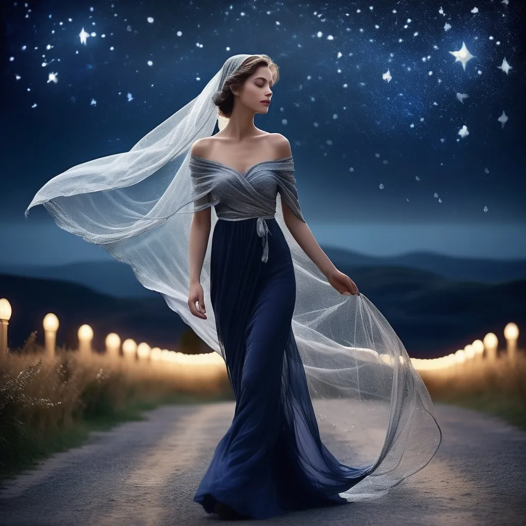 Prompt: (beautiful woman) walking gracefully under a starlit sky, (melancholic mood), deep indigo and shimmering silver tones, soft ethereal glow, a delicate veil of night softly surrounding her, gentle whispers of a cool breeze, capturing a moment of quiet elegance, (highly detailed), enchanting landscape in the background, timeless and romantic atmosphere.