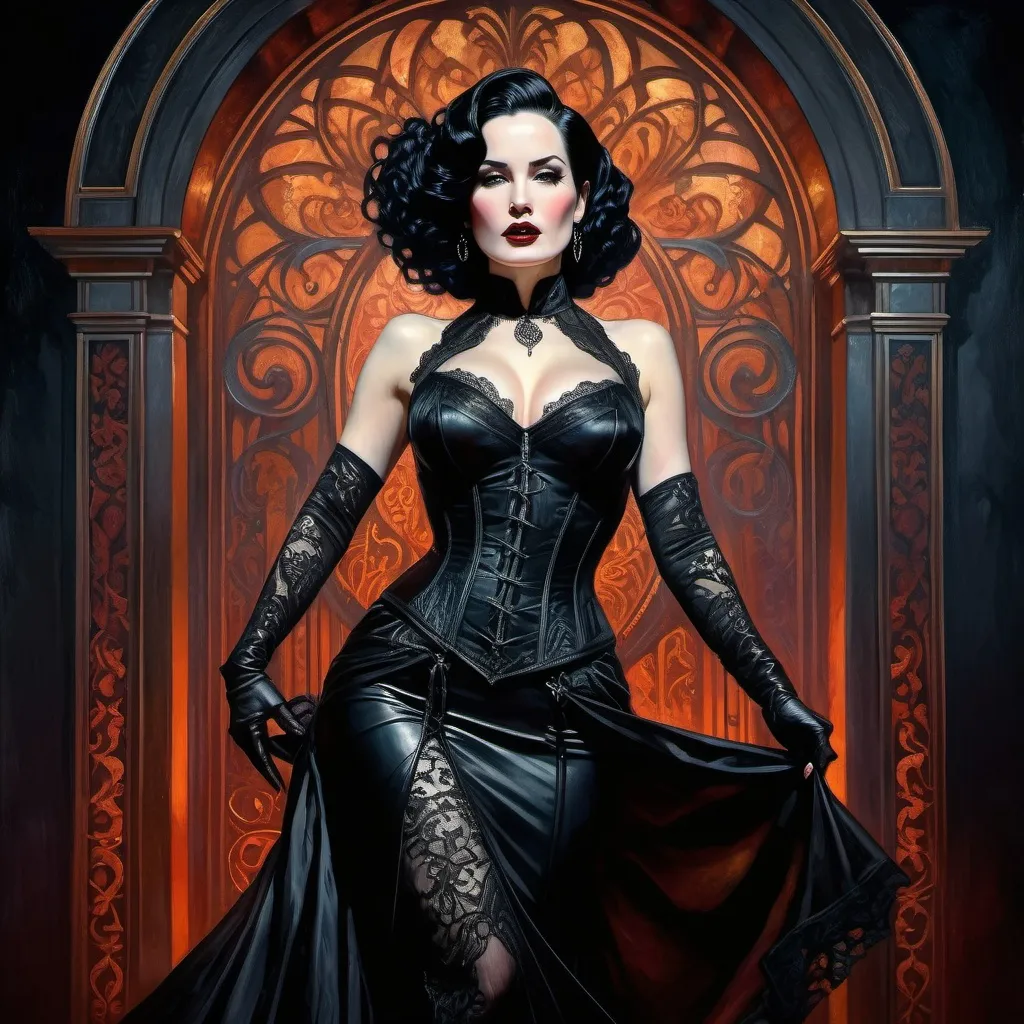 Prompt: Full body detailed action portrait of goth woman, dita von teese  inspired, oil painting, dynamic pose, dramatic lighting, high contrast, detailed lace and leather textures, intense expression, dark and moody atmosphere, professional, highres, oil painting, goth, dynamic pose, dramatic lighting, detailed textures, intense expression, dark atmosphere