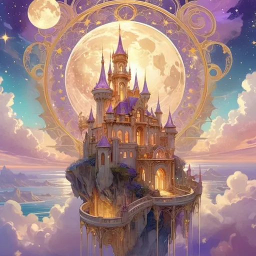 Prompt: Magical flying castle in the sky, ethereal and enchanting atmosphere, celestial light, vibrant colors, golden and lavender hues, a sea of clouds, beams of sunlight breaking through, sparkling stars and a glowing moon, immensely detailed architecture with intricate designs, floating islands surrounding the castle, ultra-detailed, 4K, fantasy 