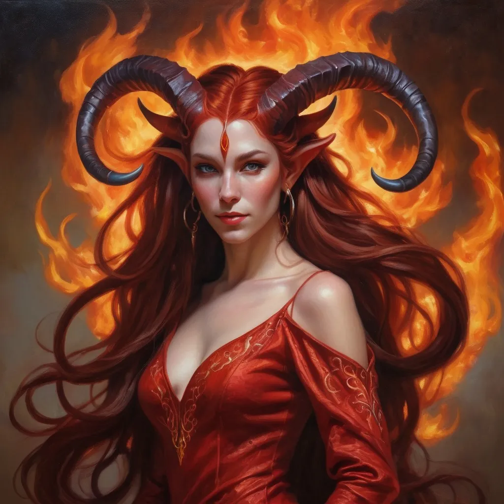 Beautiful Tiefling With Elegant Horns And Long Flowi