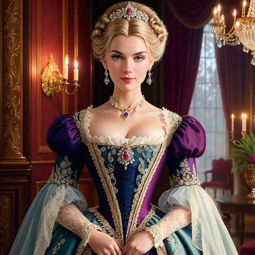 Prompt: (elegant 16th century English woman), historically accurate gown, adorned with intricate lace, lavish sparkling jewelry, historically accurate hairstyle, (soft warm lighting), standing in a beautifully designed parlor, rich color tones, opulent decor, (highly detailed textures), saturated hues, atmospheric elegance, inviting ambiance, (4K ultra-detailed)