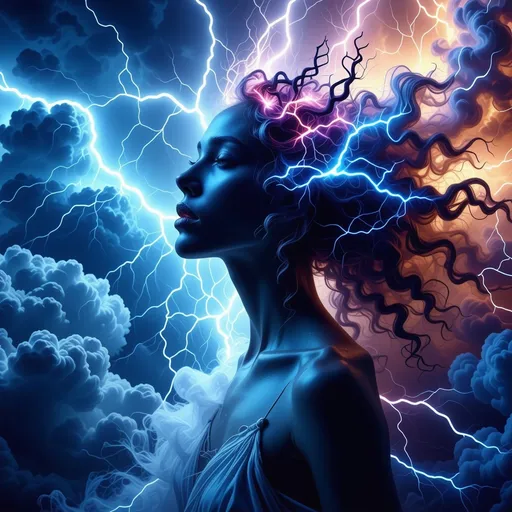 Prompt: Lightening goddess, (ethereal) divine femininity, (mystical lighting), surrounded by stormy clouds, bright flashes of light illuminating her figure, striking poses evoking power and sovereignty, vibrant contrasts of deep blues and electric whites, (ultra-detailed) composition, enchanting atmosphere, powerful and fierce expression, embodying freedom and strength amidst the tempest, textured cloudscapes in the background.