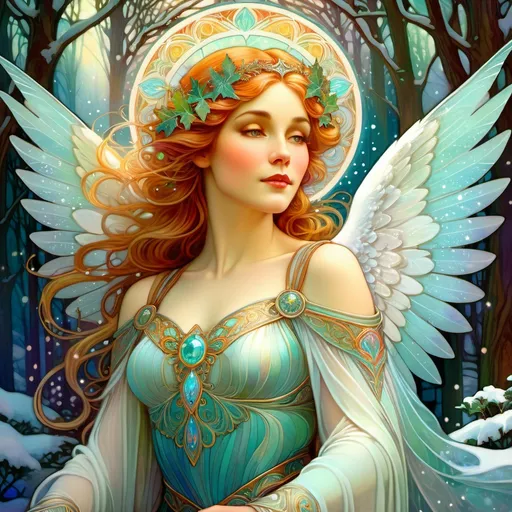 Prompt: Snow angel, fantasy digital painting, mystical forest background, ethereal and magical aura, detailed elven features, high fantasy, vibrant and enchanting color palette, highres, detailed, fantasy, digital painting, mystical, ethereal, magical, vibrant colors, detailed features, enchanting lighting