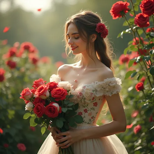 Prompt: Lady of the roses, (ethereal beauty), holding a bouquet of vibrant red and white roses, surrounded by a lush garden of blooming flowers, (soft, warm light), wearing a flowing gown adorned with floral patterns, (dreamy ambiance), delicate petals gently falling around her, (4K), (ultra-detailed), capturing a sense of tranquility and grace.