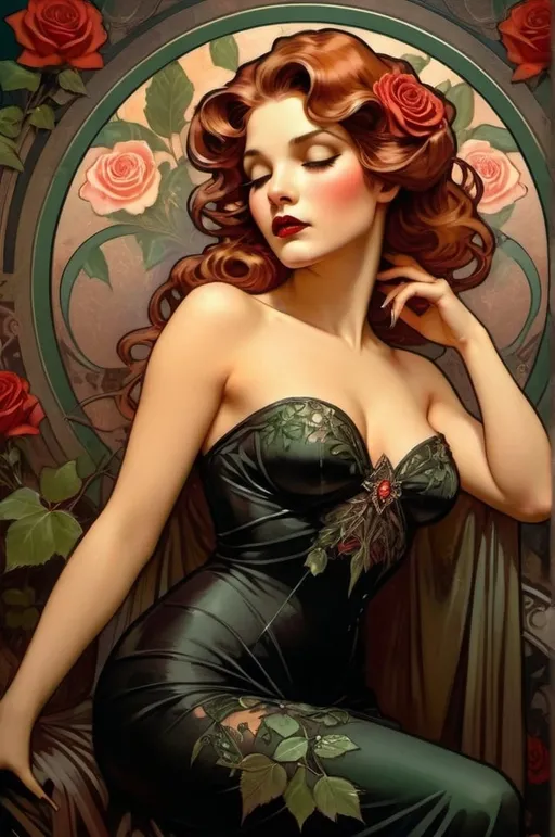 Prompt: Classic beauty, femme fatale, glamorous, full body, intense gaze, captivating eyes, roses, petals, thorns, mysterious, high quality, detailed, Poison Ivy, evening gown, sleek design, elegant, artistic, vintage, film noir, dramatic lighting, enchanting, attractive, alluring, highres, detailed, professional, glamorous lighting