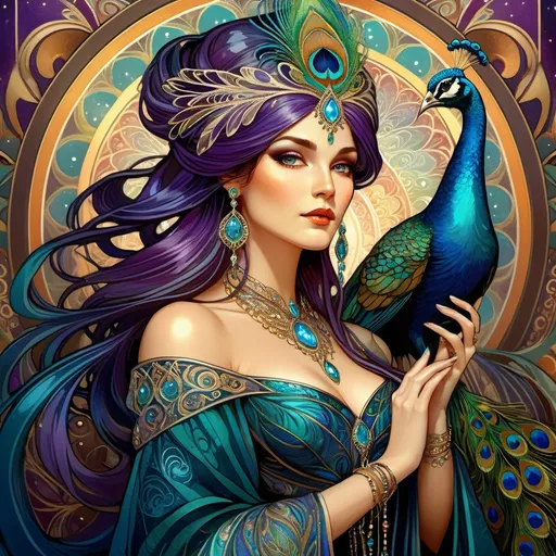 Prompt: Tarot-style sorceress in ornate gown, peacock feathers, dramatic lighting, full HD, immense detail, well-lit, intricate patterns, mystical aura, detailed facial features, flowing fabric, ornate jewelry, vibrant color scheme, magical atmosphere, high resolution, detailed embroidery, professional digital art, enchanting, dramatic shadows, mystical, enchanting lighting