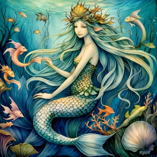 Prompt: Mermaids (fantastical creatures), inspired by Brian Froud’s whimsical style, vibrant colors, ethereal atmosphere, lush underwater scenery, detailed scales and flowing hair, intricate ocean flora