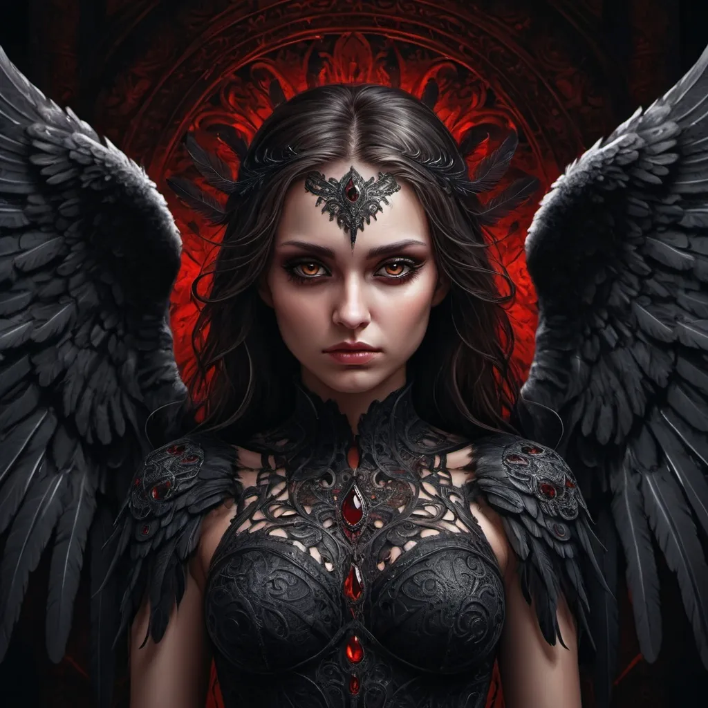 Prompt: Dark angel, digital painting, detailed wings with intricate patterns, intense and piercing gaze, high contrast, dramatic lighting, monochromatic tones with hints of red, gothic, high resolution, fantasy, detailed feathers, atmospheric lighting, haunting, professional, high quality, digital painting, detailed eyes, dramatic art style