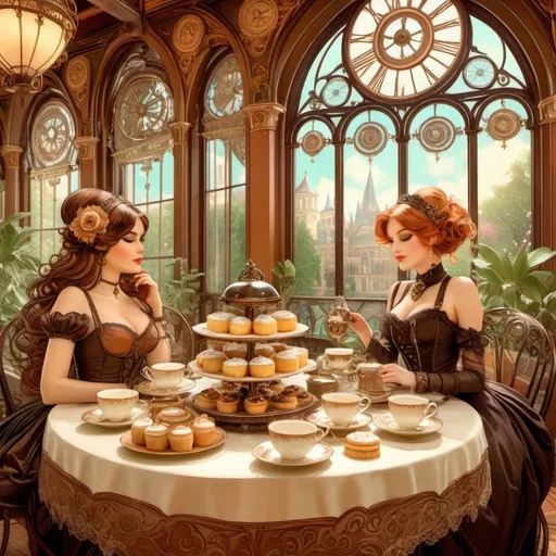 Prompt: (fantastical steampunk tea party), elaborate steampunk clothing, Victorian-style tea set, delicate pastries, cookies and cakes, intricate machinery adorned with gears, warm ambient lighting, inviting atmosphere, rich earth tones, surrounded by gothic architecture, vintage tablecloths, lush greenery, whimsical decorations, ultra-detailed, high-quality illustration, captivating and imaginative.