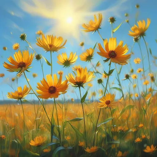 Prompt: Field of (bright, vibrant) Heliopsis flowers, (sunlit) meadow, golden-yellow petals dancing in the wind, lush green foliage surrounding, (warm, cheerful) atmosphere, soft blue sky above, subtle sunlight casting gentle shadows, (ultra-detailed), expansive landscape stretching into the horizon, (dynamic) nature scene, inviting and serene ambiance.