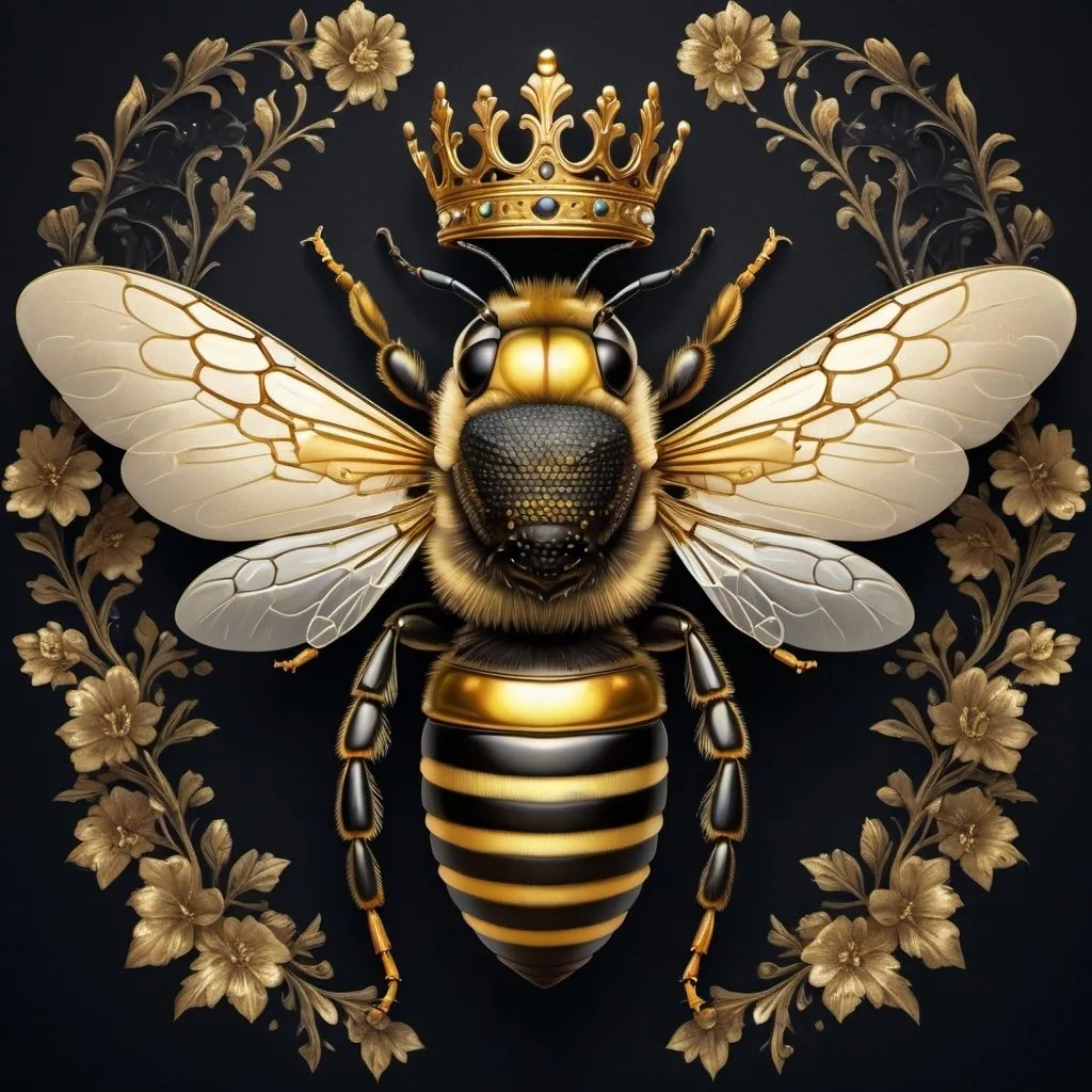 Prompt: Queen bee, realistic digital illustration, regal and commanding stance, intricate gold and black stripes, detailed wings with shimmering iridescence, elegant and ornate crown, luxurious honeycomb background, high quality, realistic, detailed, digital illustration, regal, commanding, intricate, elegant, iridescent, luxurious, honeycomb, gold and black, detailed wings, ornate crown, shimmering, regal stance, majestic, professional, dramatic lighting