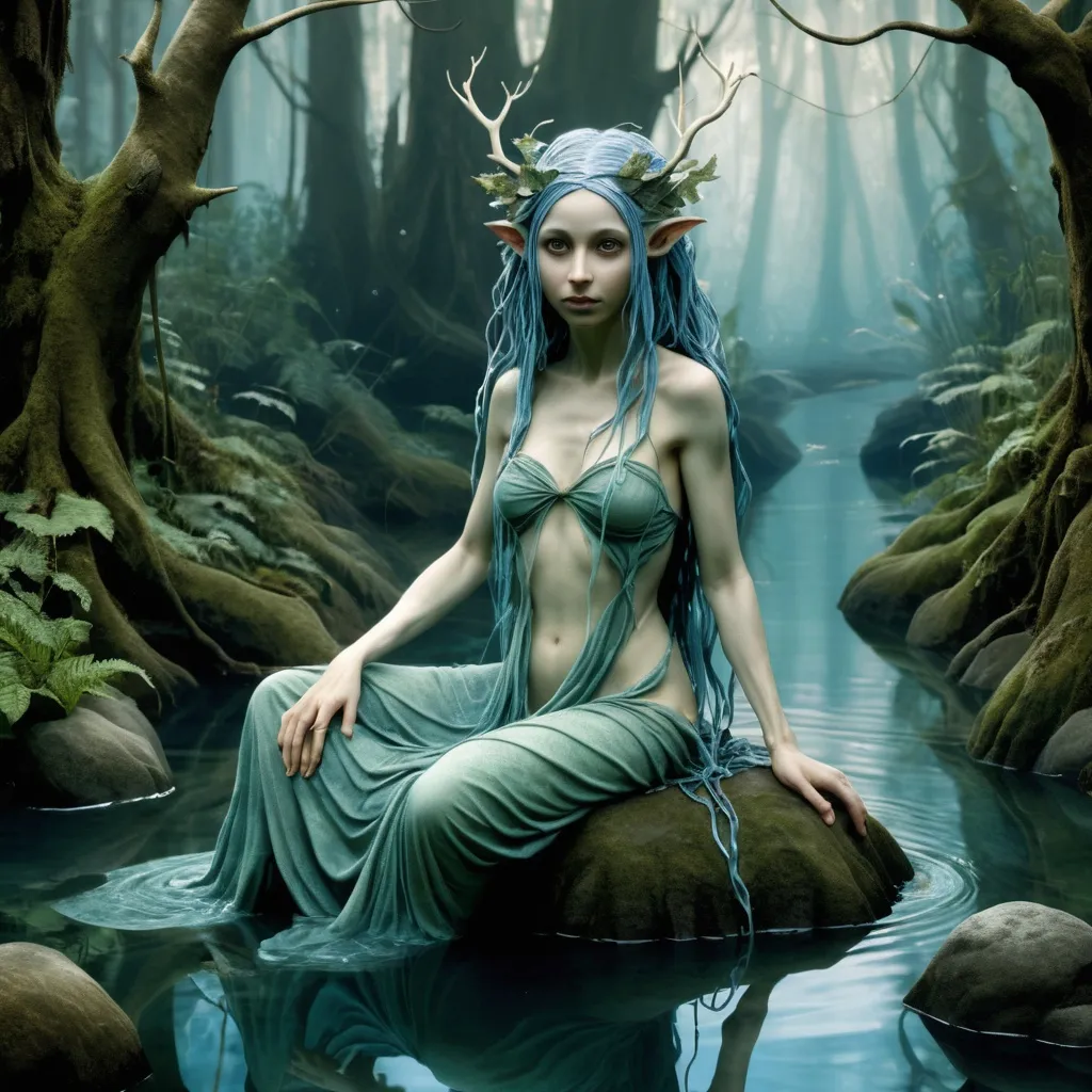 Prompt: (Water sprite), inspired by (Brian Froud) style, intricately designed clothing, forest pool