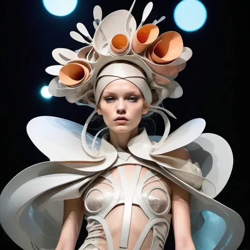 Prompt: Experimental fashion show , avant-garde, surreal, high-concept, futuristic materials, unconventional textures and fabrics, abstract lighting, high quality, ultra-modern