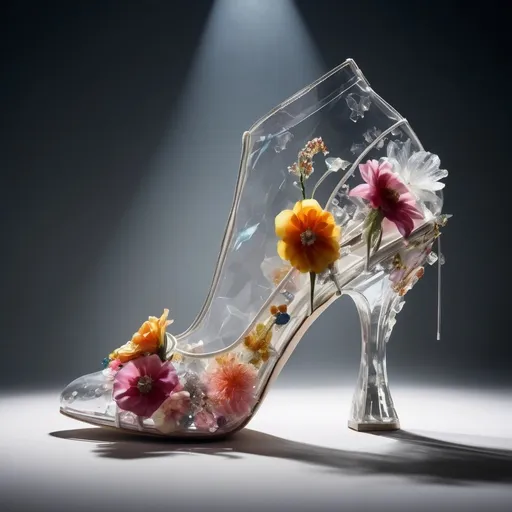 Prompt: Experimental glass shoes, avant-garde, high-concept, cutting edge, unconventional textures and materials, crystals and flowers, professional lighting, high quality photography 