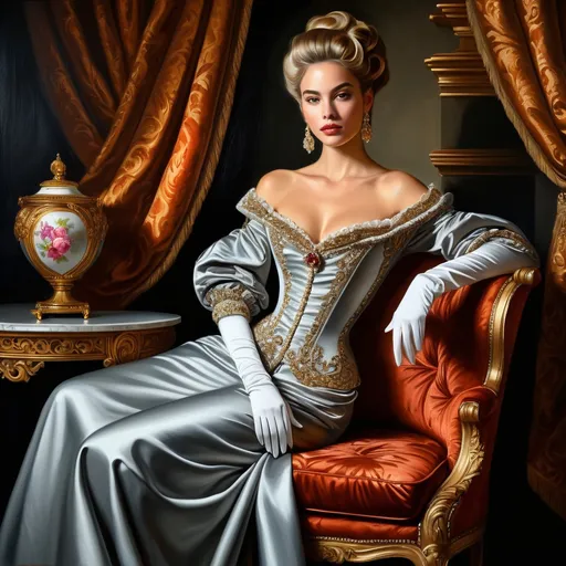 Prompt: Baroque-style oil painting of a distinguished female fashion model, rich textures and intricate details, opulent and luxurious attire, impeccable posture and confident expression, dramatic lighting and deep shadows, aristocratic setting with ornate furniture and lavish draperies, masterfully crafted, realistic portrayal, regal atmosphere, high quality, baroque, oil painting, fashion model, opulent attire, dramatic lighting, aristocratic setting, regal atmosphere, rich textures