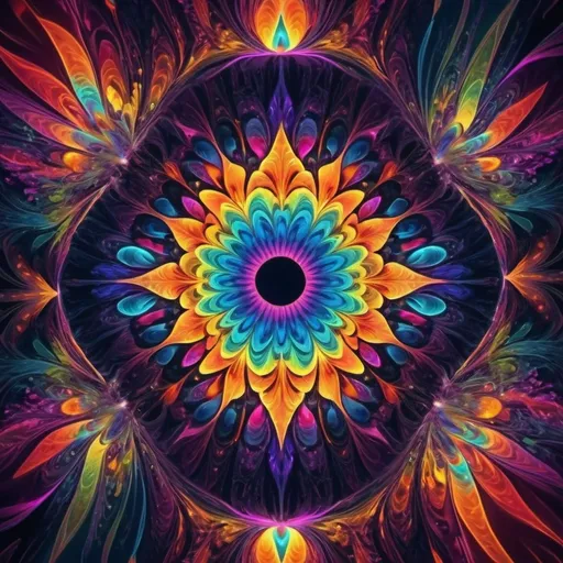 Prompt: Psychedelic rainbows, vibrant colors, multicolored fractals, swirling patterns, glowing effects, dreamlike atmosphere, mystical vibes, surreal scenery with fluid shapes, ultra-detailed, 4K resolution, luminous and radiant light, kaleidoscope-inspired background, vivid contrast, striking and evocative imagery, electric and neon highlights, ethereal and whimsical design, eye-catching depth and brilliance, magical and otherworldly, abstract and trippy visualization, high definition canvas.