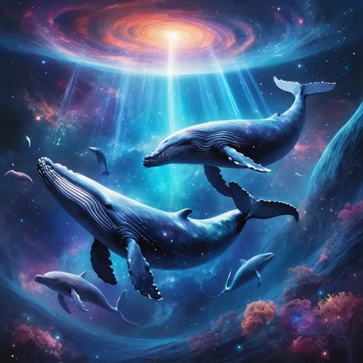 Prompt: (space whales), majestic creatures gliding through the cosmos, vibrant nebulae illuminating their translucent bodies, celestial bodies in the background, ethereal atmosphere, shimmering stardust trails, high depth, ultra-detailed, fantastical themes of exploration and wonder, cool tones, tranquil yet awe-inspiring ambiance, captivating space scenery enveloping each whale.