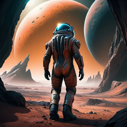 Prompt: Hostile planet exploration, sci-fi digital art, rugged terrain, alien landscapes, highres, ultra-detailed, futuristic, intense atmosphere, desolate environment, harsh lighting, ominous alien structures, brave explorer in spacesuit, mysterious atmosphere, otherworldly colors, epic scale, dramatic composition