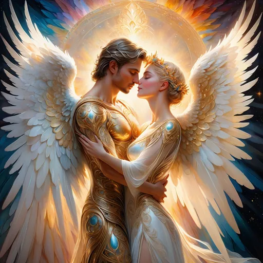 Prompt: Intricately detailed full body portrait of an angel and a human in a passionate embrace, 8k, high-definition, ethereal oil painting, elaborate celestial wings, captivating facial expressions, exquisite feathered wings, passionate embrace, intense and dramatic lighting, divine color palette, ornate details, intricate emotions, high definition, ethereal, dramatic lighting, oil painting, heavenly