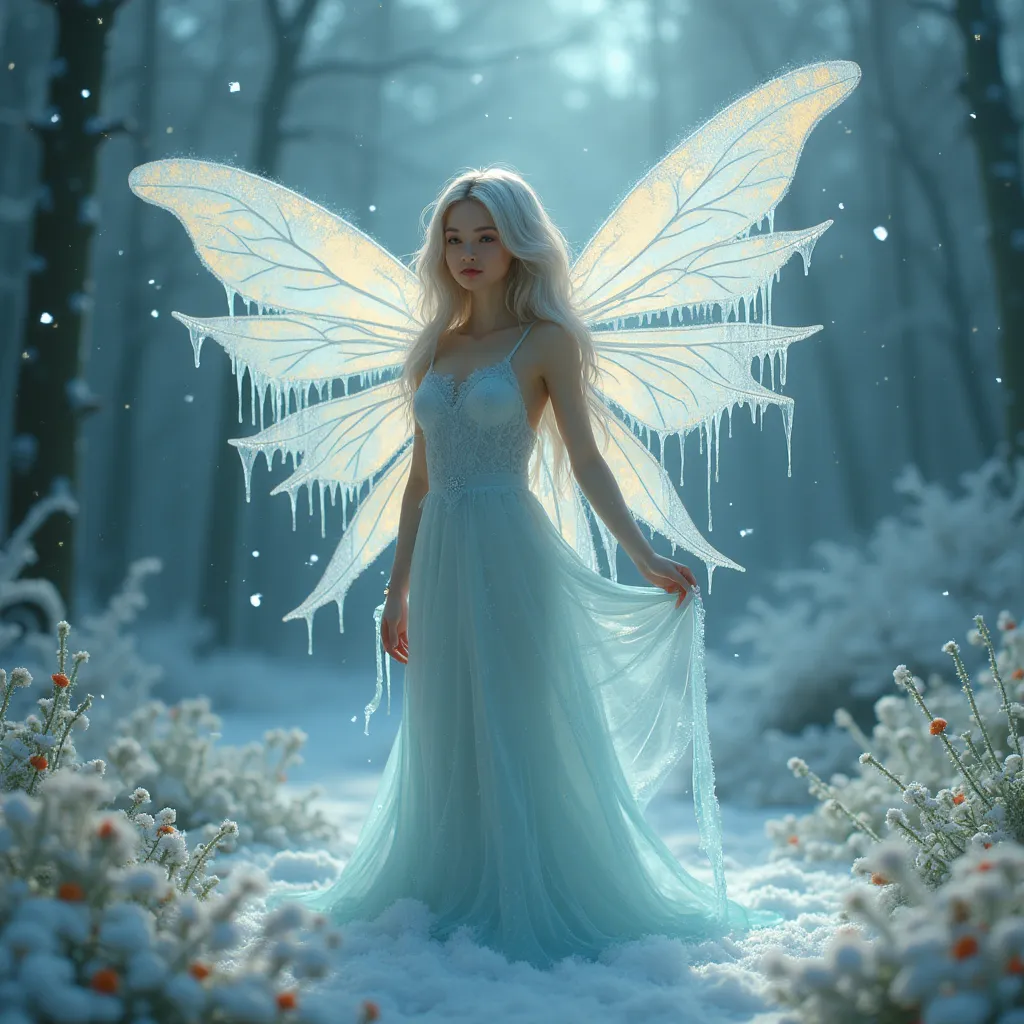 Prompt: (melting ice fairy), delicate wings dripping with glistening icicles, ethereal glow from the fairy's body, surrounded by frost-covered flowers, shimmering particles in the air, enchanted forest backdrop, soft pastel color tones, serene and mystical ambiance, (highly detailed), magical light illuminating the scene, ethereal presence, enchanting winter wonderland vibe.