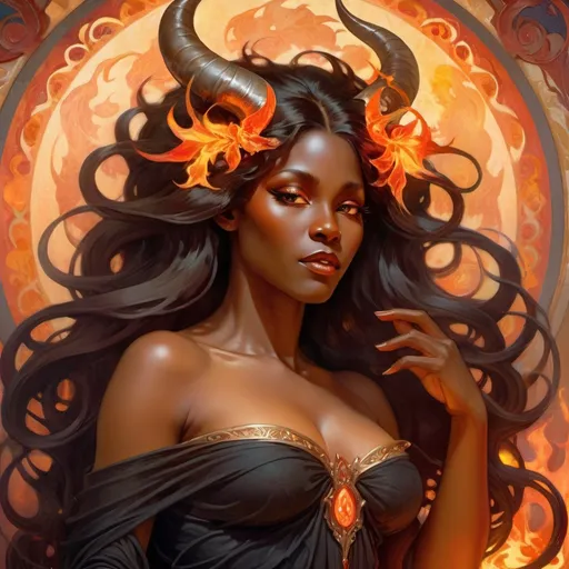 Prompt: Beautiful demoness with elegant horns and long flowing hair, rich and vibrant black skin, glowing eyes, full body pose, delicate and mesmerizing features, fantasy oil painting, detailed and lifelike, fantasy, elegant, regal, oil painting, vibrant colors, hellfire, high quality, atmospheric lighting, flames

