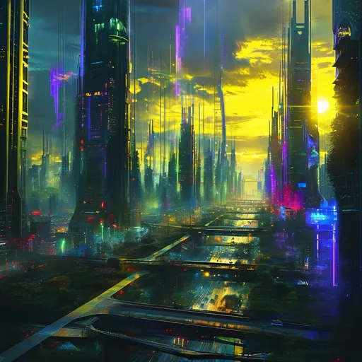 Prompt: (Dystopian futuristic cityscape), sprawling skyline, (yellow, blue, green, purple neon lights), (holographic advertisements), flying cars, (dark, moody atmosphere), (futuristic architecture), rich contrast, shadowy undertones, (4K ultra-detailed), cinematic lighting, atmospheric perspective, vibrant colors amidst darkness, immersive and chilling vibe, intricate details in architecture.