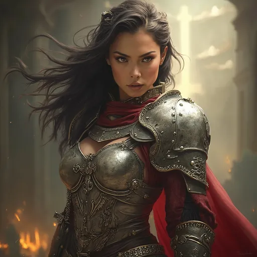 Prompt: (warrior princess), fierce expression, dramatic pose, (intricate armor), shining metallic details, high contrast lighting, (epic atmosphere), vibrant colors, ultra-detailed, heroism depicted, medieval fantasy theme, enchanting glow from mystical elements.