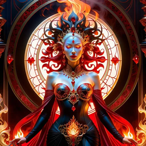 Prompt: a stunning interpretation of a fire goddess , highly detailed and intricate, golden ratio, black and red , mist, glow, crystal , metallic, hyper maximalist, ornate, luxury, elite, ominous, haunting, matte painting, cinematic, cgsociety, James jean, Brian froud, ross tran
