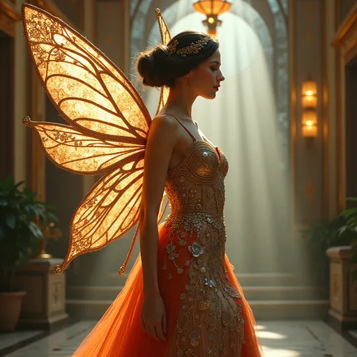 Prompt: (A stunning Art Deco fairy), ornate geometric patterns, flowing gown with intricate embellishments, shimmering gold and silver tones, elaborate wing design, elegant pose, (vibrant colors combining rich jewel tones), luxurious background with opulent architecture and glamorous lighting, ethereal atmosphere, showcasing a blend of fantasy and vintage elegance, ultra-detailed, high quality.