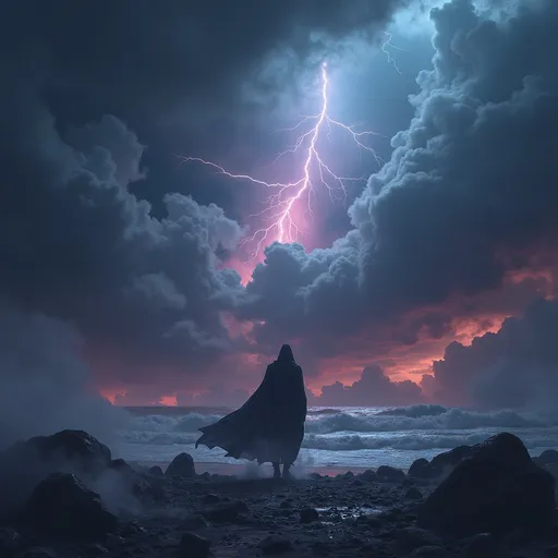 Prompt: (4K), photorealistic, celestial themed fantasy, dynamic storm scene, dark ominous clouds and vibrant lightning, the essence of "Tempest" capturing raw power, dramatic contrasts between shadows and light, immersive deep hues, epic atmosphere, mystical elements, detailed textures and dynamic action, an imposing figure embodies the fierceness of the tempest.