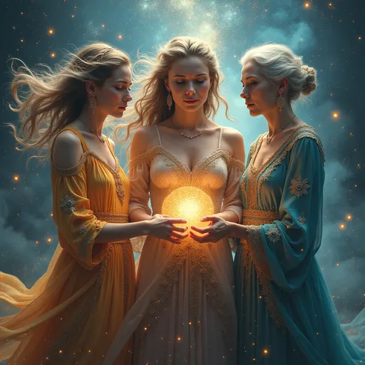 Prompt: (three female mystical figures) one young, one middle aged, and one old, weaving destinies, ethereal ambiance, enchanting light, vibrant cosmic colors, swirling stardust, intricate patterns, dramatic expressions, detailed garments flowing, celestial background, misty haze, imaginative artistry, depth and richness, (highly detailed), (ultra-realistic), compelling visuals, evoking awe and wonder, ambiance of mystery, divine interconnectedness, classic mythological influence, (HD)